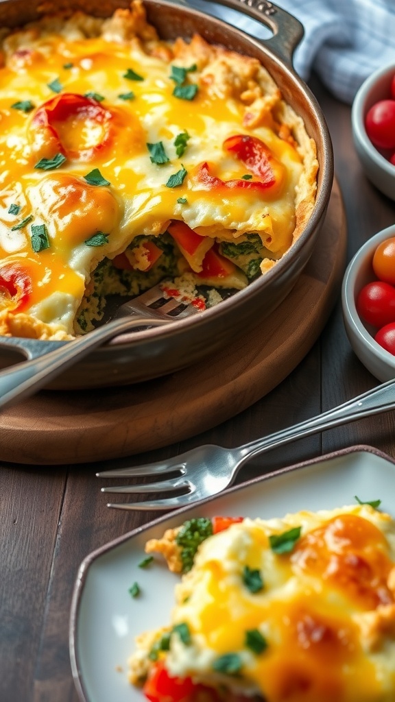 A golden baked egg casserole with cheese and vegetables, served on a wooden table with fruit.